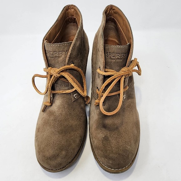Sperry Top Sider Stella Prow Brown Suede Ankle Wedge Booties 9 M Lace Up Boots - Picture 2 of 8